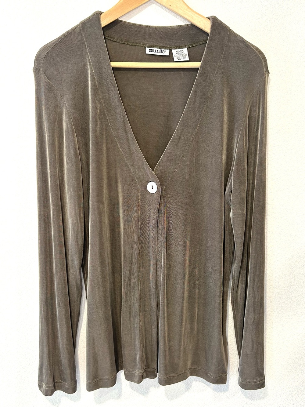 UNITS Vintage Olive Green Khaki Slinky Knit Cardigan Retro Preppy 80s 90s Size M